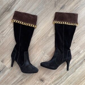 CARISMA Black Fold Over Brown Gold Chain Detail Suede Leather Heeled Boots A1423